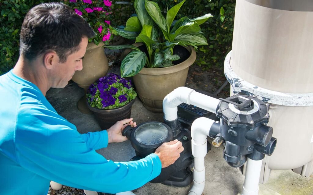 Technician repairing a pool pump in Mission Viejo, CA by Saddleback Mountain Pool and Spa Service